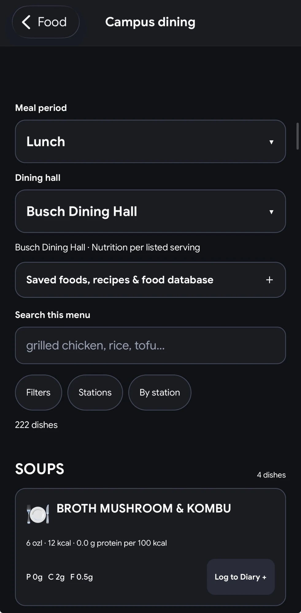 CalCamp campus dining menu for lunch at Busch Dining Hall