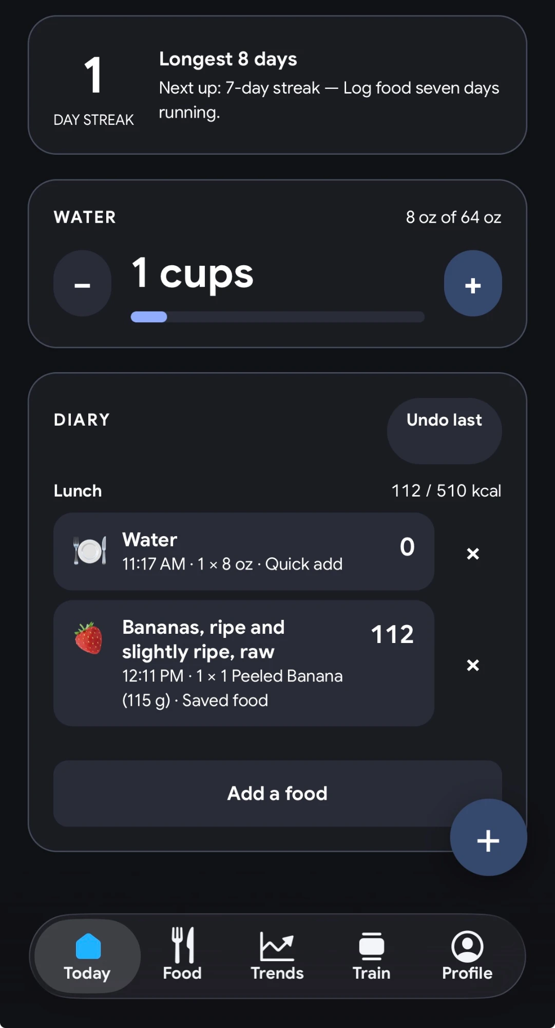 CalCamp diary, water intake and logging streak