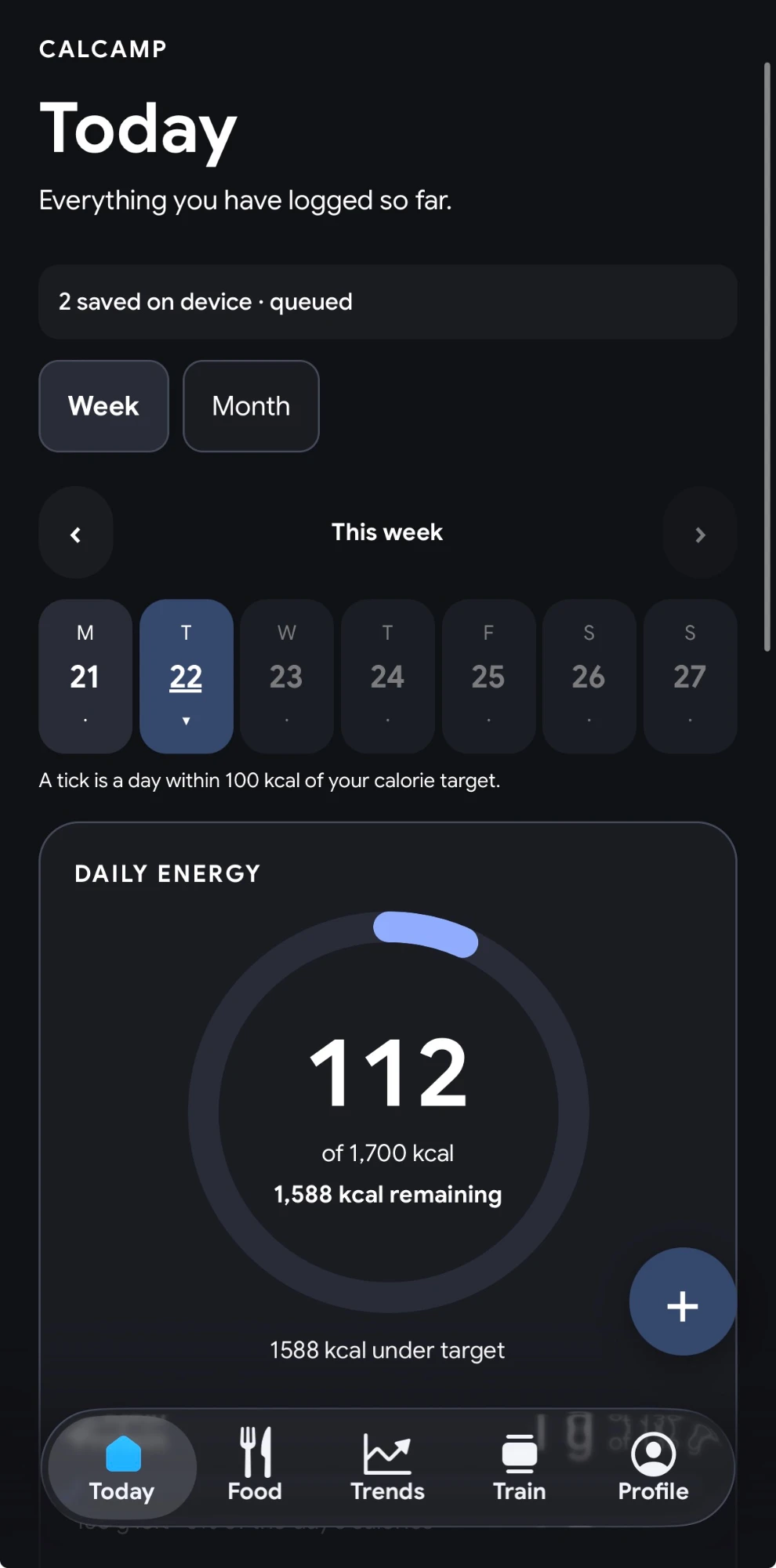 CalCamp Today screen showing the daily energy ring and queued local writes